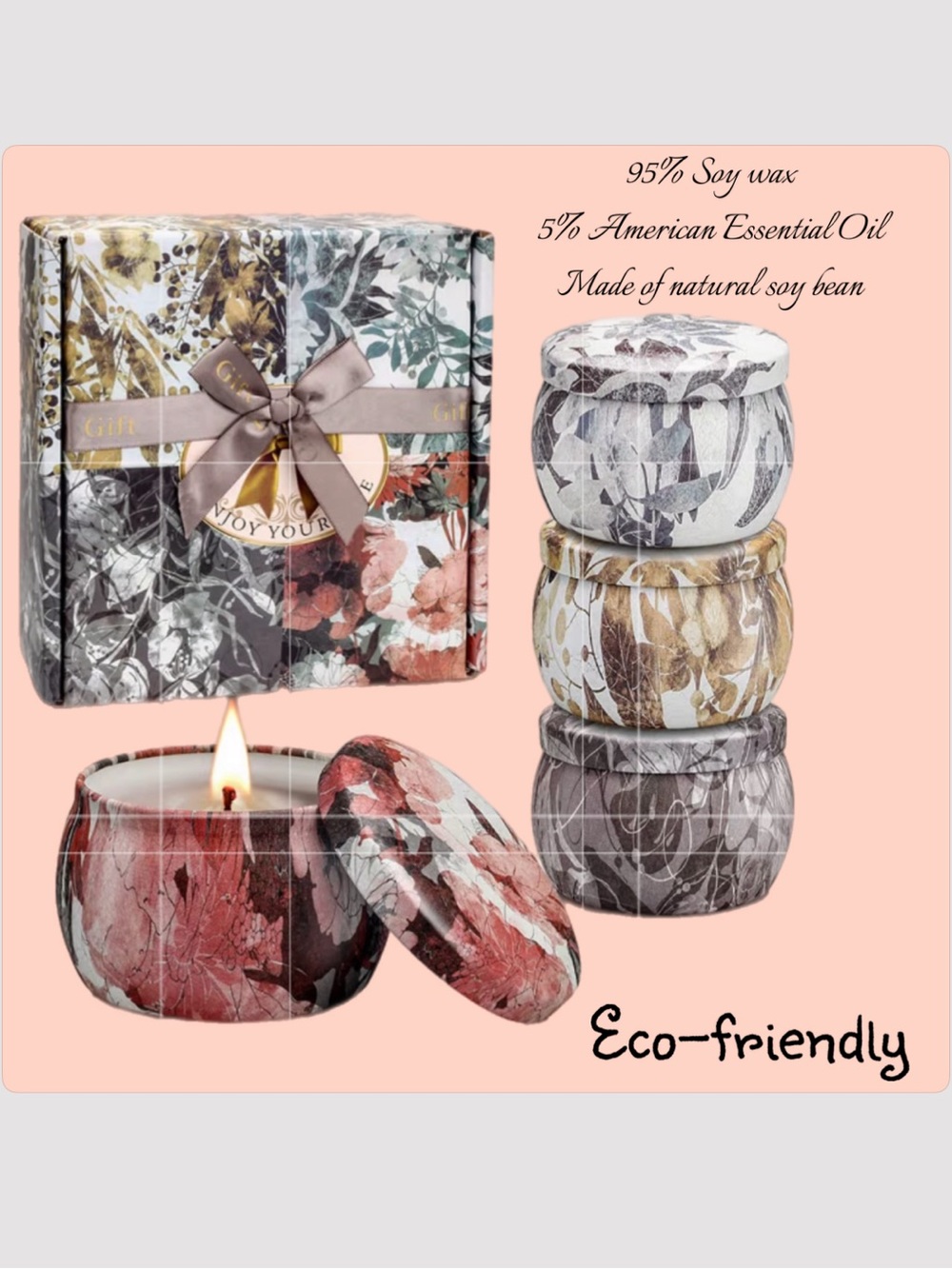 Floral Gift Box with 4 soy/essential oil candles in Floral Tins and gift card